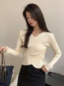 Solid Surplice Neck Ruched Ribbed Sweater - Apricot - View 4