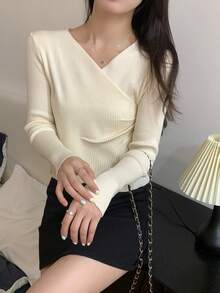 Solid Surplice Neck Ruched Ribbed Sweater - Apricot - View 5