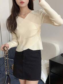 Solid Surplice Neck Ruched Ribbed Sweater - Apricot - View 6