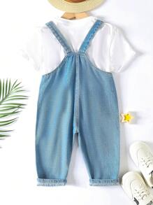 Baby Dual Pocket Denim Dungarees Without Tee - Light Wash - View 2