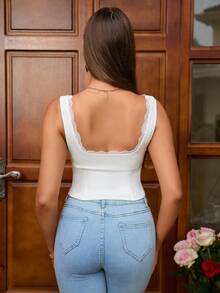 PARTHEA Áo khoác và áo lót dành cho xe tăng nữ Tương phản ren Nút phía trước màu trơn Thanh lịch - trắng - Xem 2