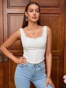 PARTHEA Áo khoác và áo lót dành cho xe tăng nữ Tương phản ren Nút phía trước màu trơn Thanh lịch - trắng - Xem 4