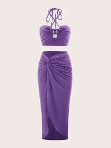 SHEIN ICON Tie Backless Halter Top & Twist Front Skirt - Violet Purple - View 1
