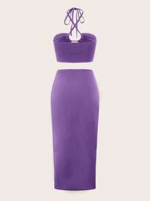 SHEIN ICON Tie Backless Halter Top & Twist Front Skirt - Violet Purple - View 2
