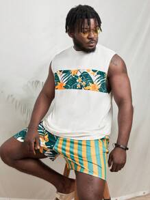 Manfinity Men Plus Tropical Print Tank Top & Shorts - Multicolor - View 1