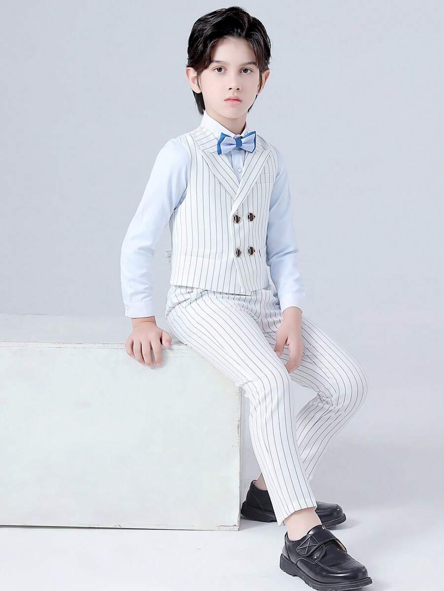 Niñito con estampado de rayas Blazer chaleco con pantalones & con lazo delantero Camisa - Blanco - Ver 1