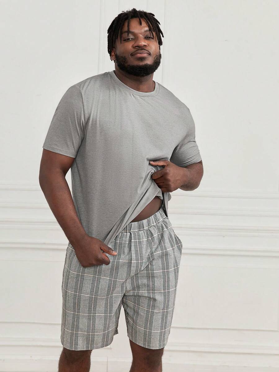 SHEIN Extended Sizes Hombres Conjunto de pijama con estampado de cuadros - Multicolor - Ver 1