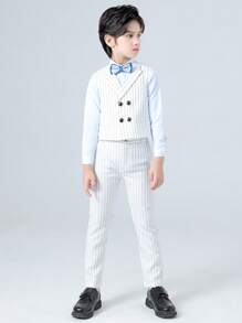 Niñito con estampado de rayas Blazer chaleco con pantalones & con lazo delantero Camisa - Blanco - Ver 2