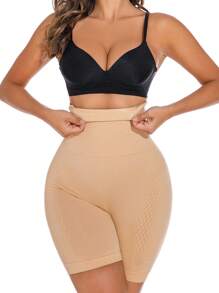 Women's High Stretch Knitted Apricot Plain Long Shapewear Shorts - Apricot - View 4