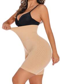 Women's High Stretch Knitted Apricot Plain Long Shapewear Shorts - Apricot - View 2