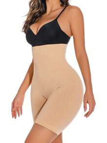 Women's High Stretch Knitted Apricot Plain Long Shapewear Shorts - Apricot - View 1