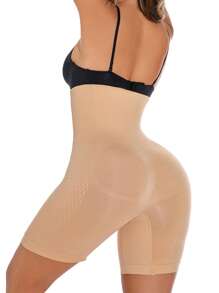 Women's High Stretch Knitted Apricot Plain Long Shapewear Shorts - Apricot - View 5