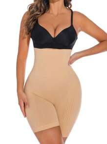 Women's High Stretch Knitted Apricot Plain Long Shapewear Shorts - Apricot - View 6