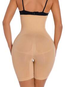 Women's High Stretch Knitted Apricot Plain Long Shapewear Shorts - Apricot - View 3