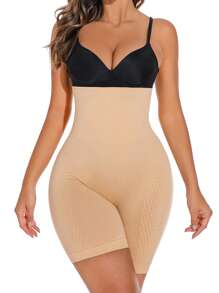 Women's High Stretch Knitted Apricot Plain Long Shapewear Shorts - Apricot - View 7