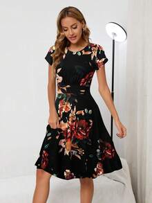 印花傘狀下擺洋裝 - 彩色 - 查看 3