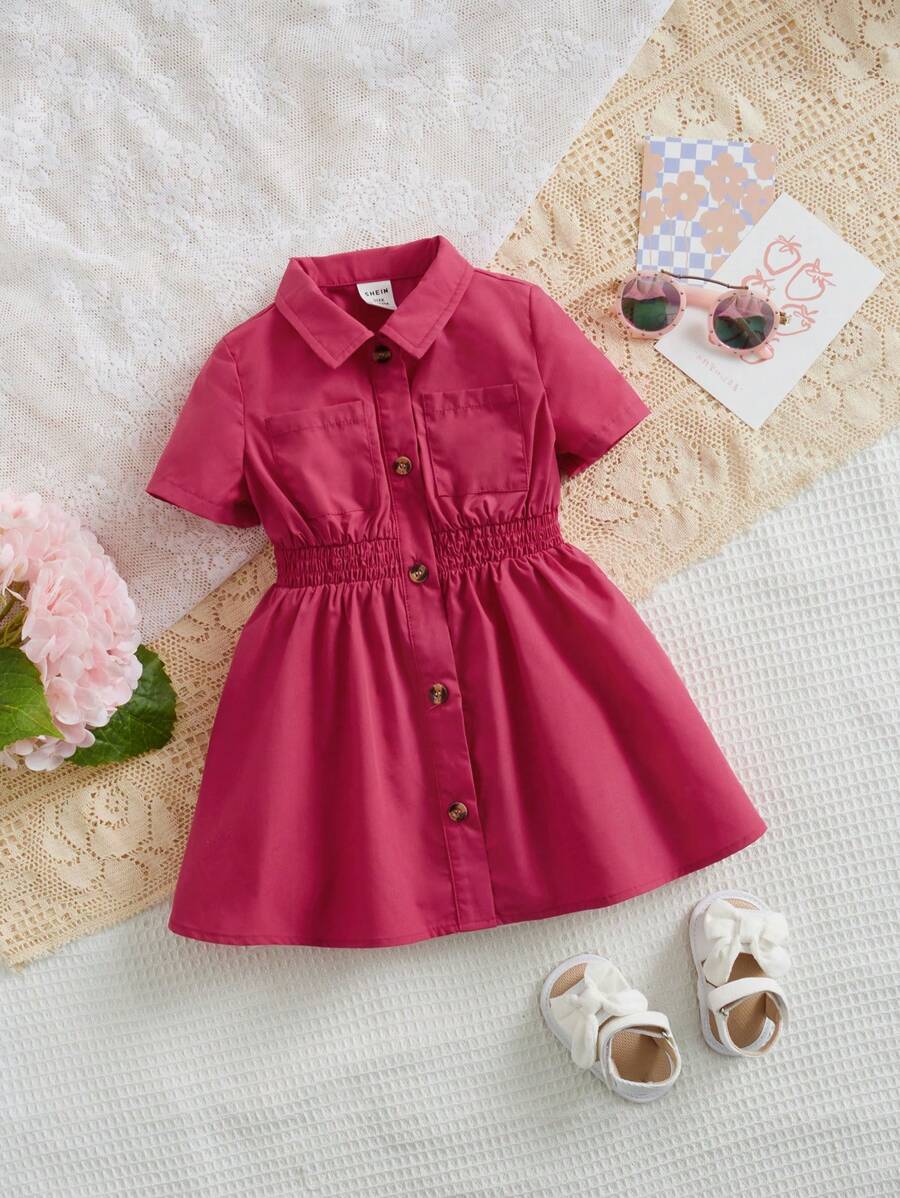 SHEIN Baby Dual Pocket Shirt Dress - Hot Pink - View 1