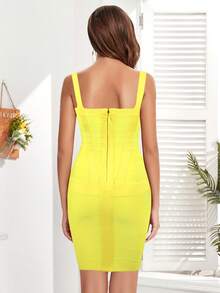 素色後拉鏈緊身洋裝 - 黃色 - 查看 3