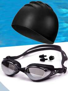 5pcs Anti-Fog Swimming Goggles With Swim Cap Set, Beach Essentials, Beach Accessories, Pool Float - Black - View 1