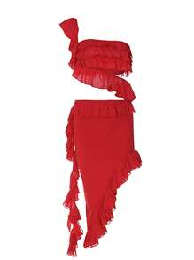 Ruffle Trim Top & Skirt Set - Red - View 3
