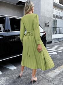 SHEIN Privé Đầm Xếp li màu trơn Giải trí - màu xanh lá - Xem 2