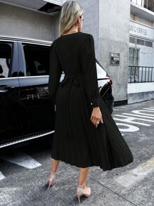 SHEIN Privé Vestido unicolor bajo fruncido - Negro - Ver 2