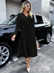 SHEIN Privé Vestido unicolor bajo fruncido - Negro - Ver 6