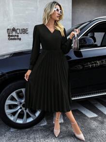 SHEIN Privé Vestido unicolor bajo fruncido - Negro - Ver 5