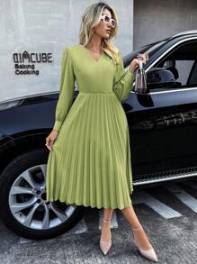 SHEIN Privé Đầm Xếp li màu trơn Giải trí - màu xanh lá - Xem 6