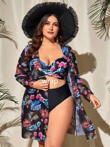 SHEIN Swim Curve Plus Size Tropical Print Push Up Bikini Set With Kimono Summer Beach - Black - View 1