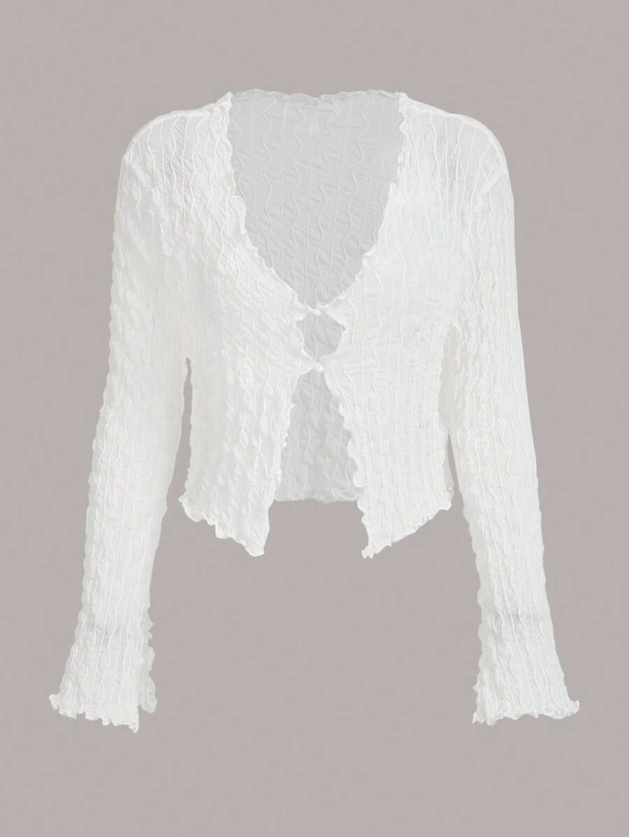 SHEIN ICON Top ribete en forma de lechuga de manga con volante de malla - Blanco - Ver 1