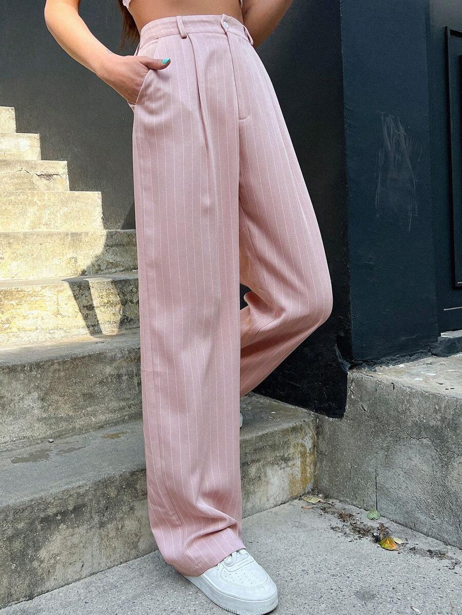 DAZY 高腰褶裥阔腿西装裤商务装 - 粉色 - 查看 1