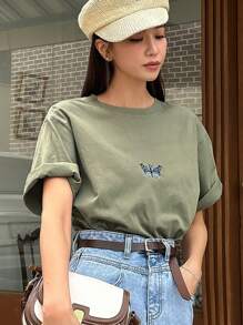 DAZY Butterfly Embroidery Drop Shoulder Tee - Army Green - View 1