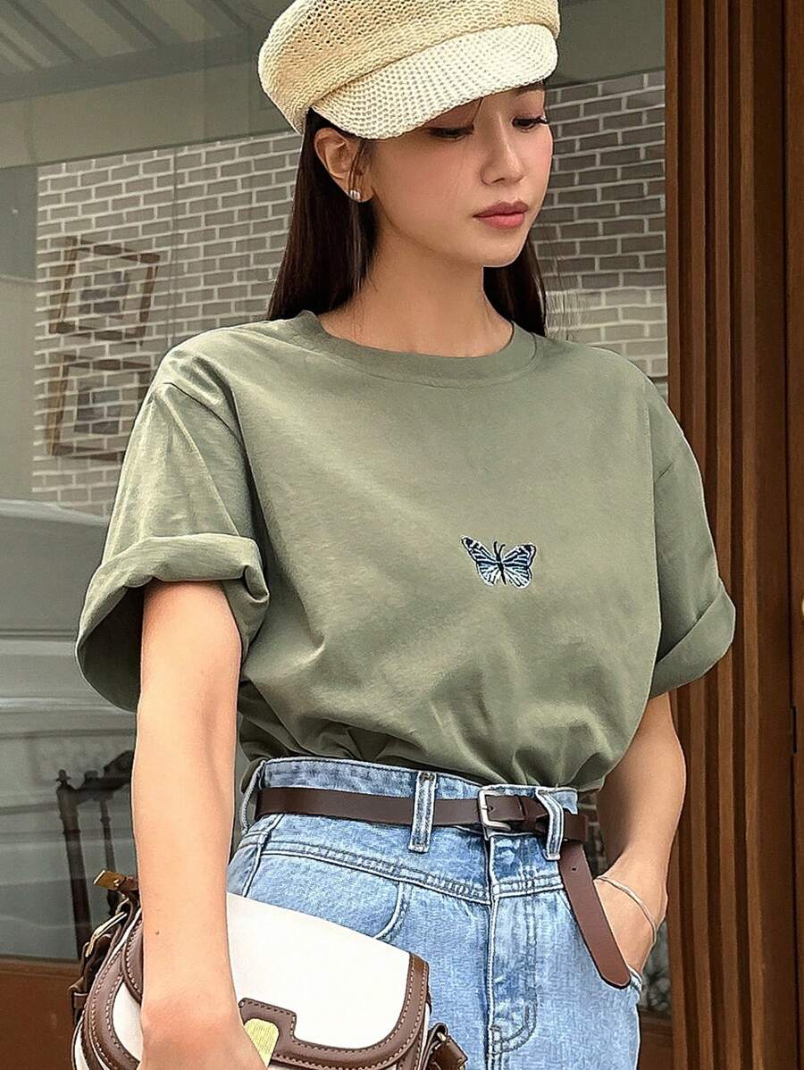 DAZY Butterfly Embroidery Drop Shoulder Tee - Army Green - View 1