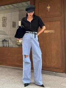 DAZY 半拉鍊落肩t恤 - 黑色 - 查看 3