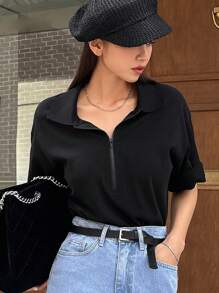 DAZY 半拉鍊落肩t恤 - 黑色 - 查看 4