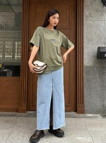 DAZY Butterfly Embroidery Drop Shoulder Tee - Army Green - View 3