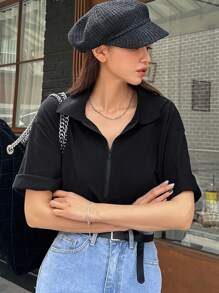 DAZY 半拉鍊落肩t恤 - 黑色 - 查看 5