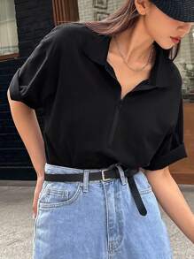 DAZY 半拉鍊落肩t恤 - 黑色 - 查看 7