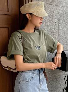 DAZY Butterfly Embroidery Drop Shoulder Tee - Army Green - View 6