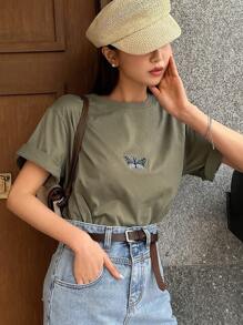 DAZY Butterfly Embroidery Drop Shoulder Tee - Army Green - View 7