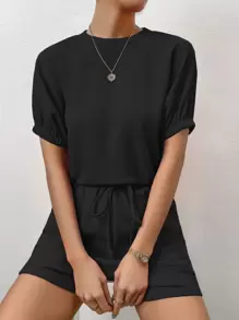 SHEIN LUNE 素色蝙蝠袖T恤和斜口袋短褲 - 黑色 - 查看 3