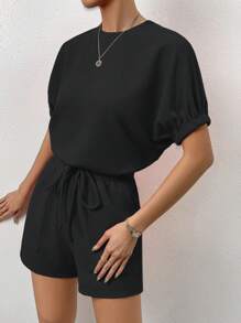 SHEIN LUNE 素色蝙蝠袖T恤和斜口袋短褲 - 黑色 - 查看 4