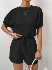 SHEIN LUNE 素色蝙蝠袖T恤和斜口袋短褲 - 黑色 - 查看 5