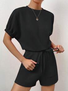 SHEIN LUNE 素色蝙蝠袖T恤和斜口袋短褲 - 黑色 - 查看 6