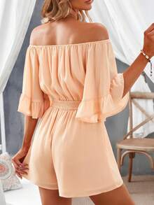 DOKOTOO 抽褶細節一字肩荷葉袖連身短褲 - 杏色 - 查看 3