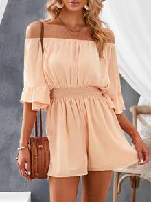 DOKOTOO 抽褶細節一字肩荷葉袖連身短褲 - 杏色 - 查看 5