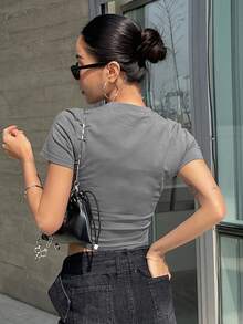 DAZY Letter Graphic Crop Tee - Grey - View 2