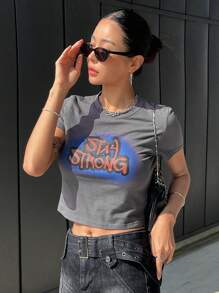 DAZY Letter Graphic Crop Tee - Grey - View 3