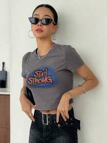 DAZY Letter Graphic Crop Tee - Grey - View 7